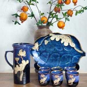 Bộ bình nước men hỏa biến xanh vẽ sen hàng nghệ nhân 1,5L cao cấp Bát Tràng